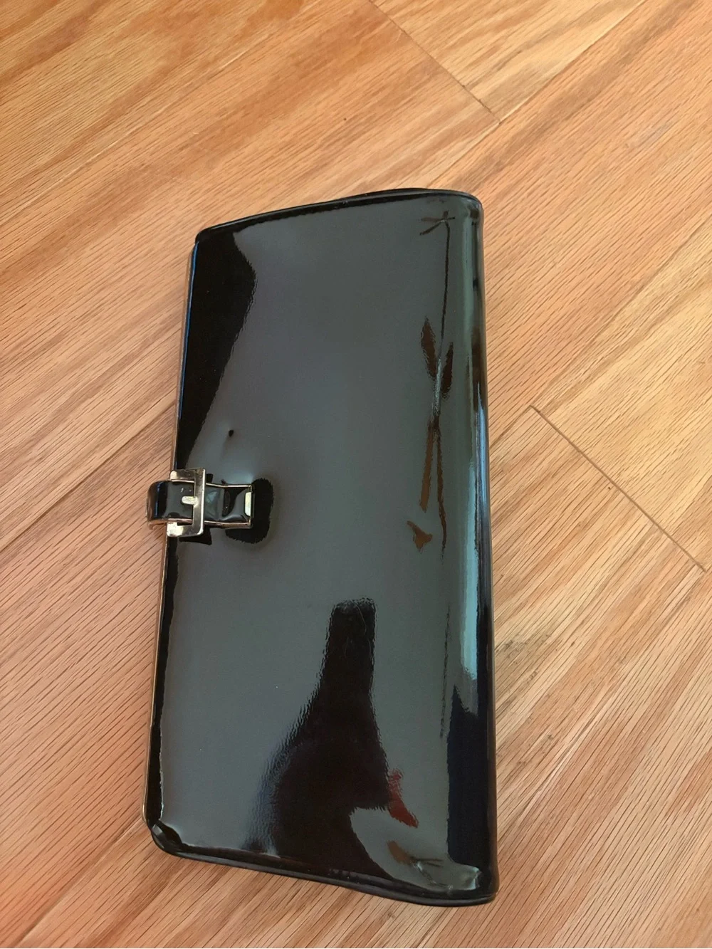 Vintage Black Patent Leather Clutch Bag with Gold Buckle